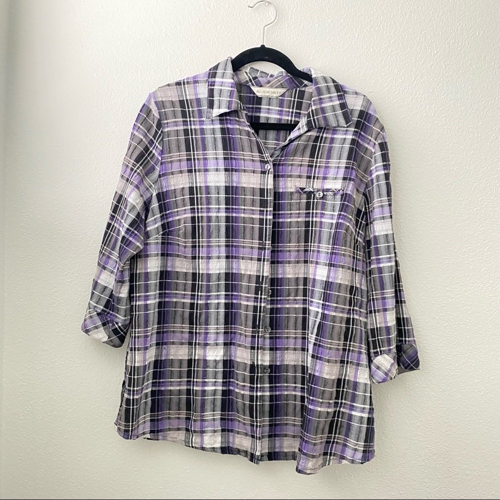 Allison Daley Purple Plaid Textured Button Down 3/4 Sleeve